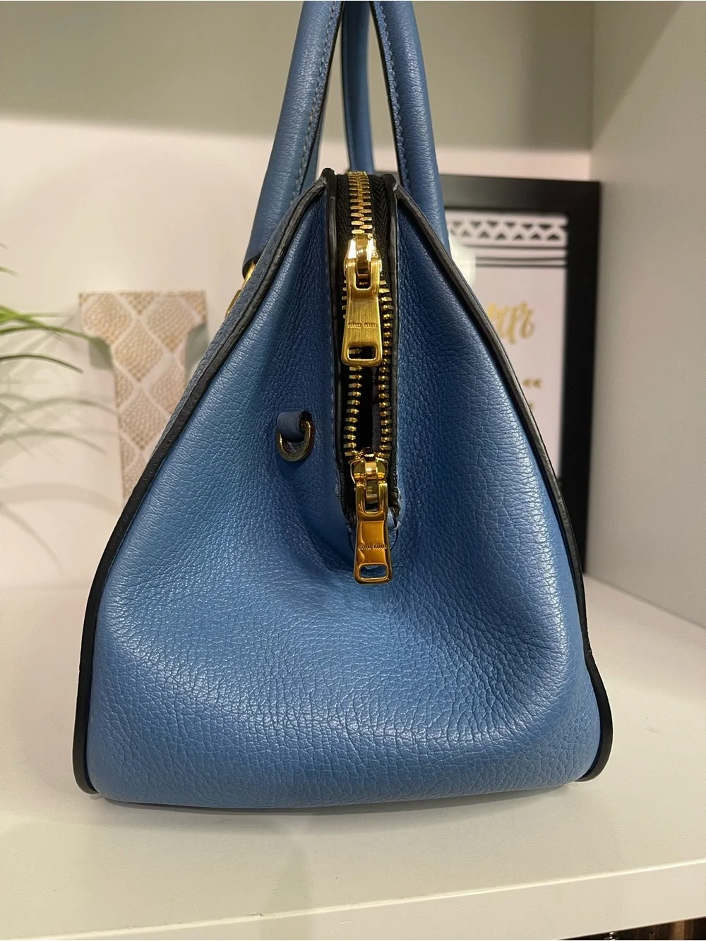 Miu Miu Cornflower Blue Pebbled Leather Satchel 2 Way with Gold Hardware